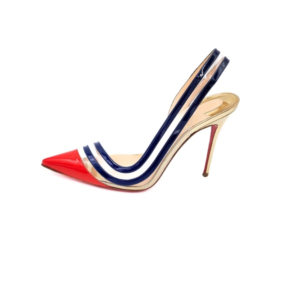 Christian Louboutin Patent Leather PVC Red Navy D'orsay Pumps Heels 37.5 - Picture 4 of 10